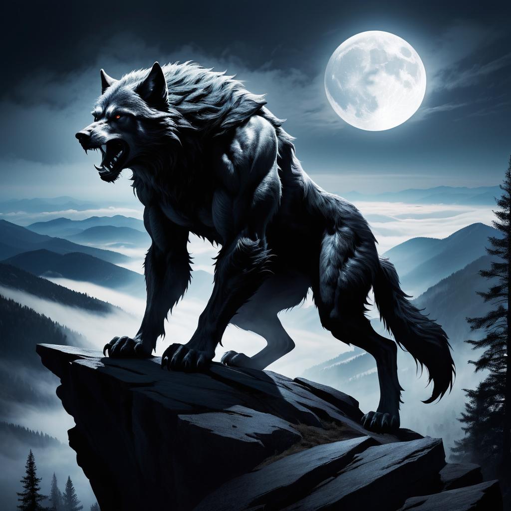 Ominous Werewolf on Moonlit Mountain Ledge