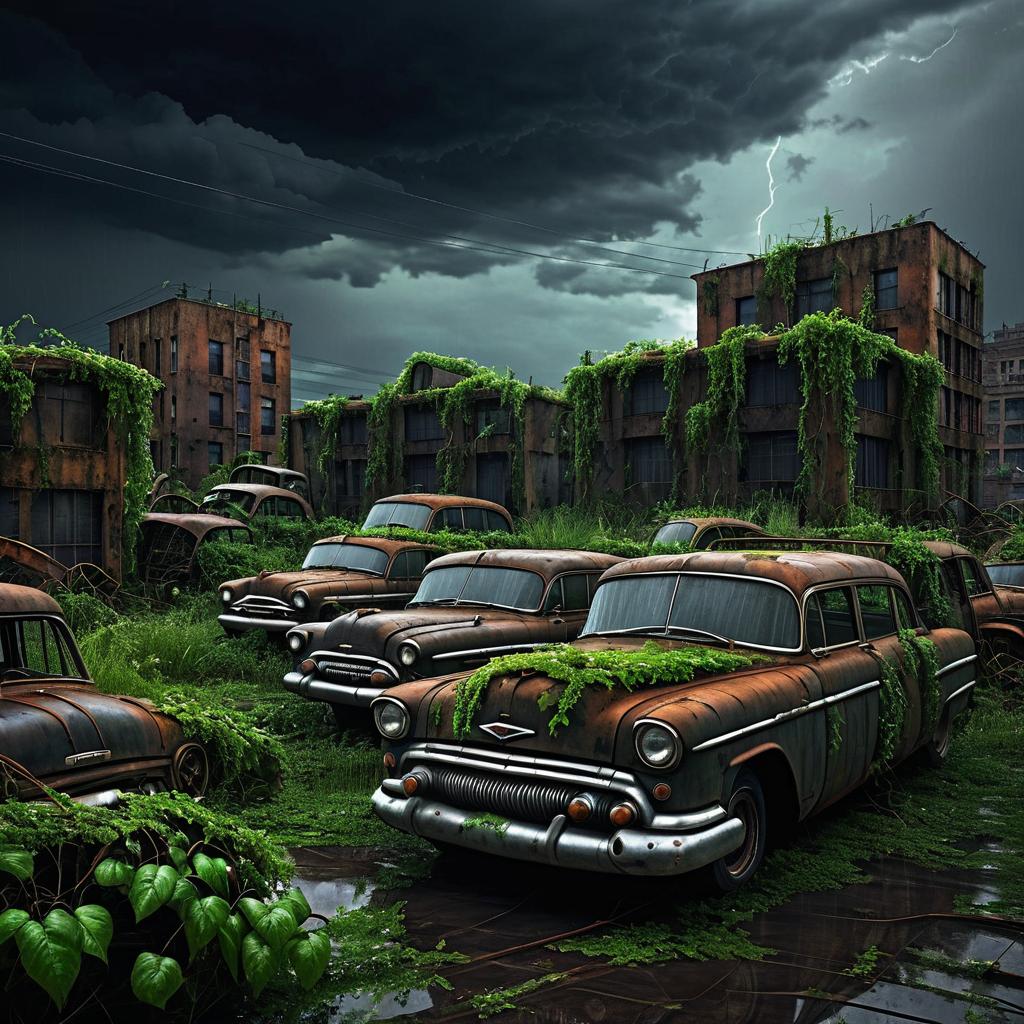 Eerie Abandoned Cityscape with Rusted Vehicles