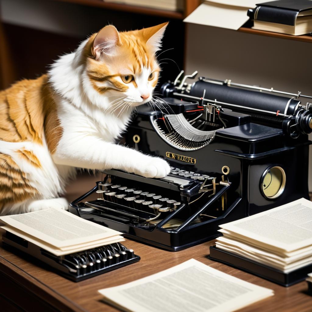 Whimsical Cat Typing on Typewriter