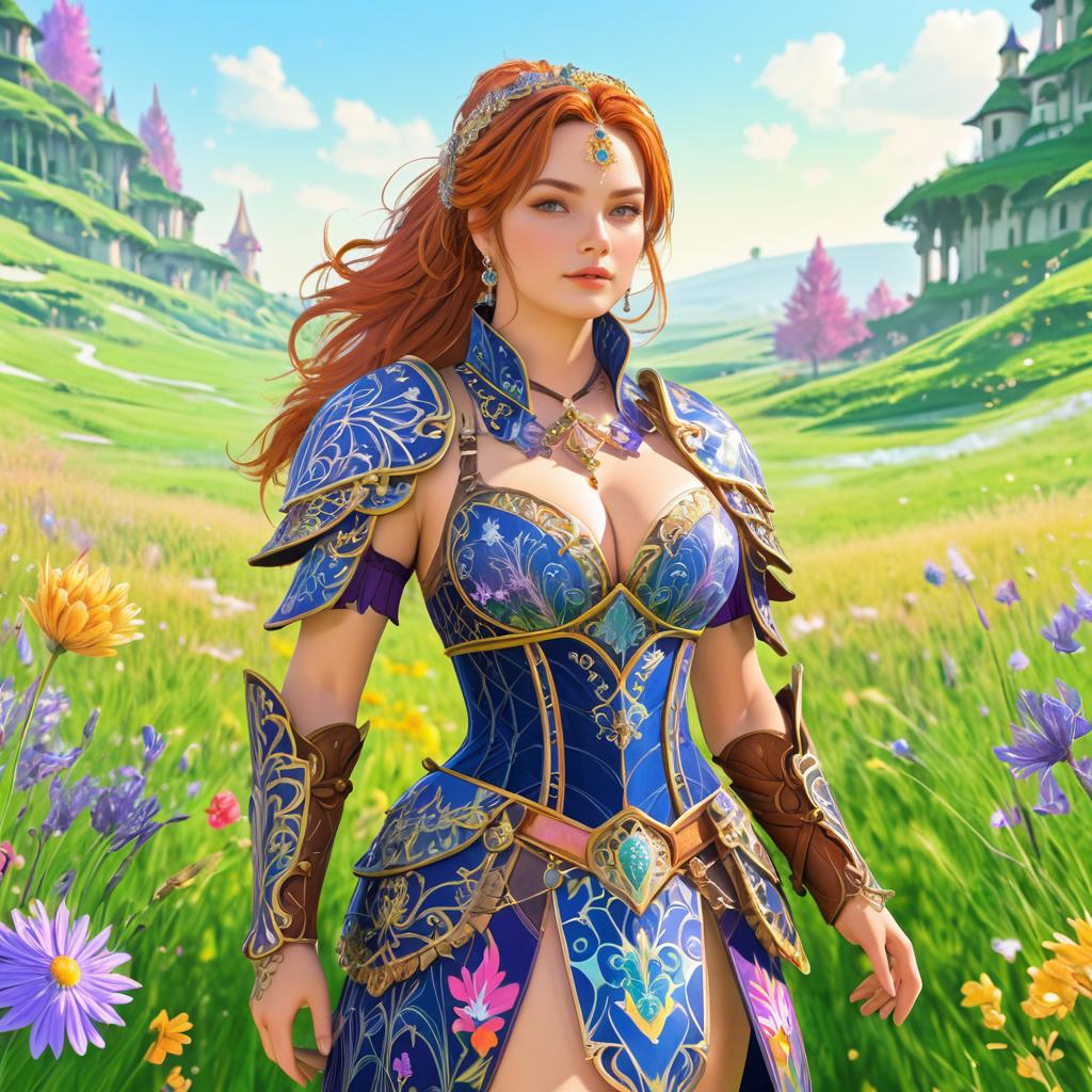 Vibrant Armor-Clad Woman in Meadow