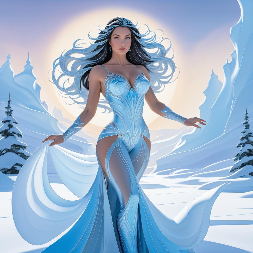 Dynamic Ice Goddess in Snowy Landscape