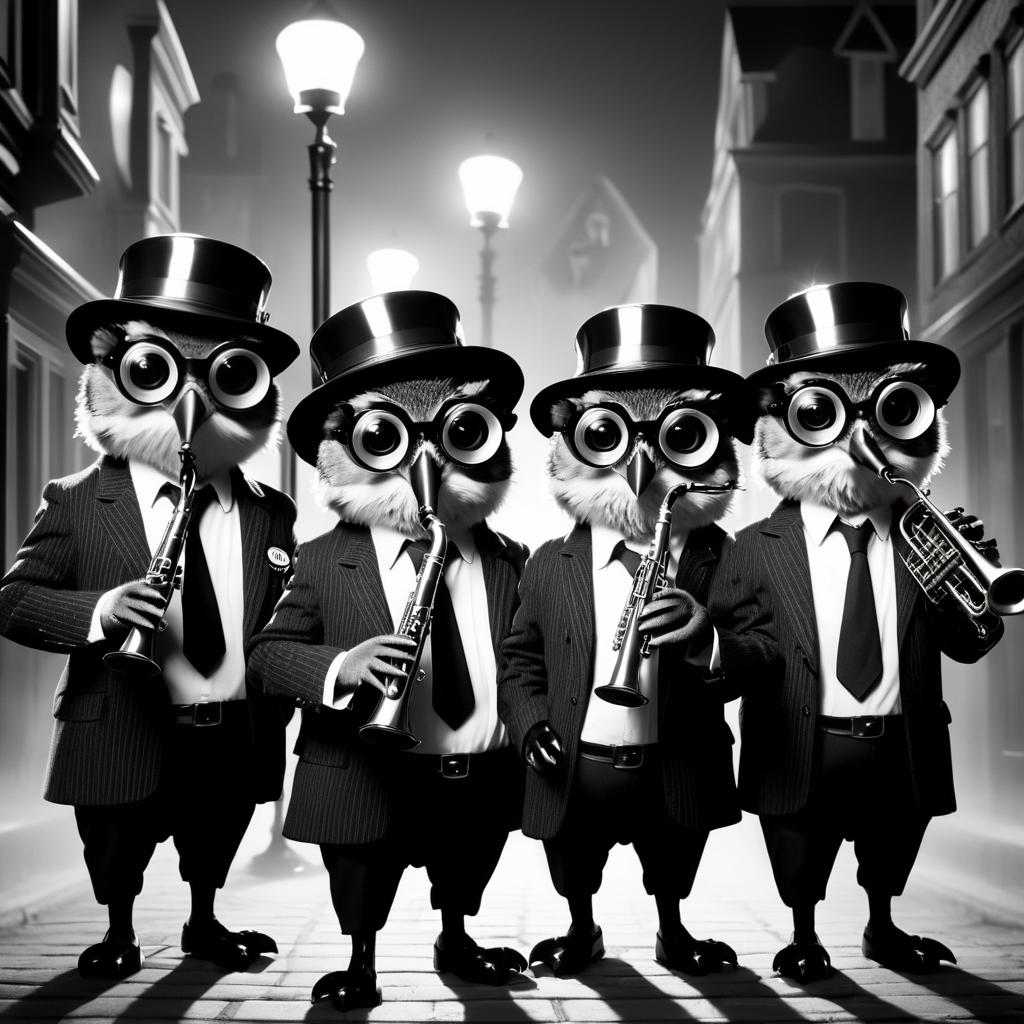 Noir Owls Detectives Playing Saxophones