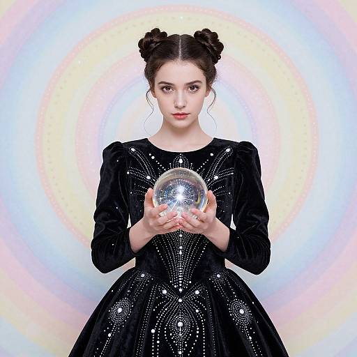 Photograph of a pale-skinned young woman with black double buns, wearing a black sequined dress, holding a silver orb against a radiant,