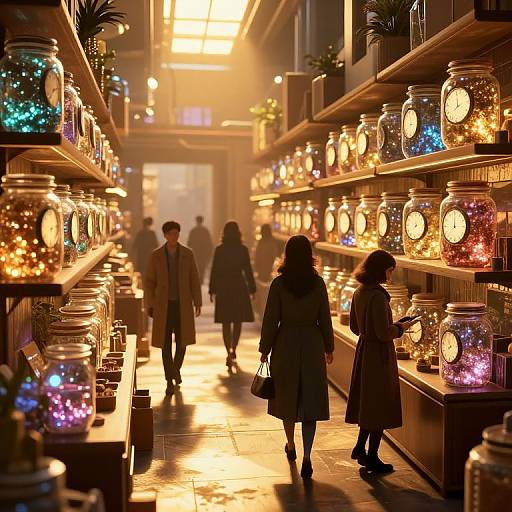 Photograph of a warmly lit indoor market aisle with shelves of glowing, colorful jar clocks; silhouetted shoppers walk down the aisle.