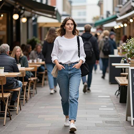 Photograph of a young woman with medium brown hair, wearing a white blouse, blue jeans, white sneakers, and black backpack, walking confidently down a