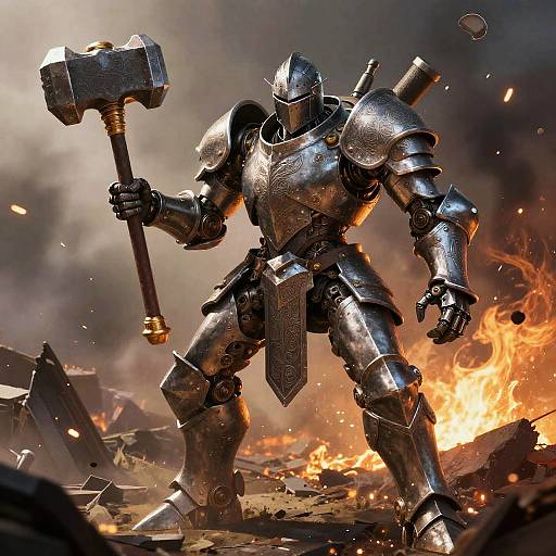 Photorealistic CGI of a silver-armored warrior with a massive hammer, standing in a fiery, rubble-strewn battlefield, ready for battle.