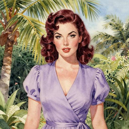 Vintage-style digital illustration of a fair-skinned woman with curled dark red hair, wearing a lavender V-neck dress, standing amidst lush tropical palm trees.