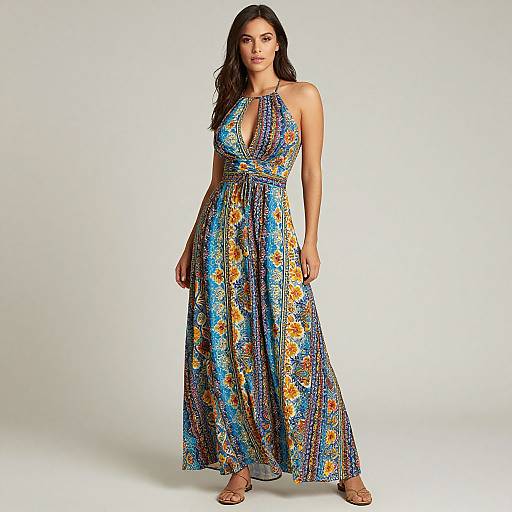 Photograph of a dark-haired woman in a vibrant blue, floral-patterned maxi dress with a deep V-neck, standing against a plain white background.