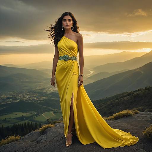 Elegant Woman in Canary Yellow Dress at Sunset Mountain Vista