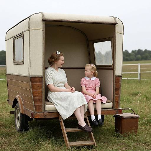 Photograph of a 1950s-style woman in white dress and a young girl in pink dress sitting in a vintage wooden caravan on grassy field