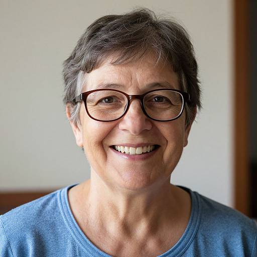 Photograph of a smiling middle-aged woman with short dark hair, wearing large black glasses and a blue shirt, against a plain background.