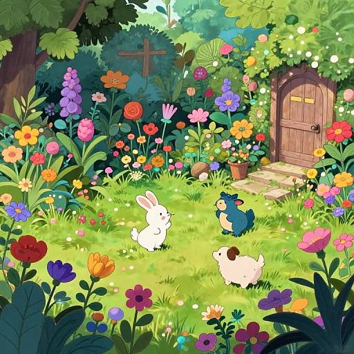 Whimsical digital illustration of a vibrant, flower-filled garden with a wooden door, white bunny, and blue chick near colorful blooms.