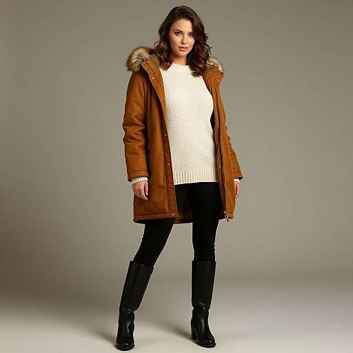 Photograph of a brunette woman with wavy hair wearing a brown coat with fur hood, white knitted sweater, black pants, and black boots,