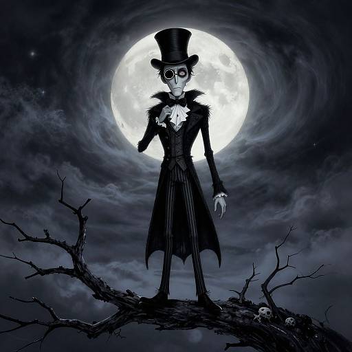 Digital artwork of a skeletal figure in a black top hat and coat, standing on a barren tree under a full moon. Dark, eerie clouds surround the