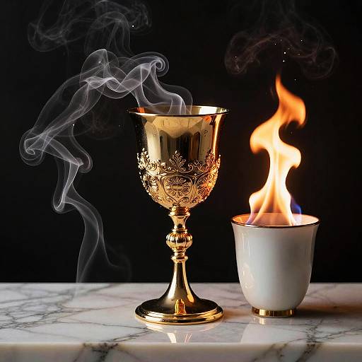 Photograph of a golden, ornate chalice with rising smoke and a burning white candle on a marble surface against a black background.