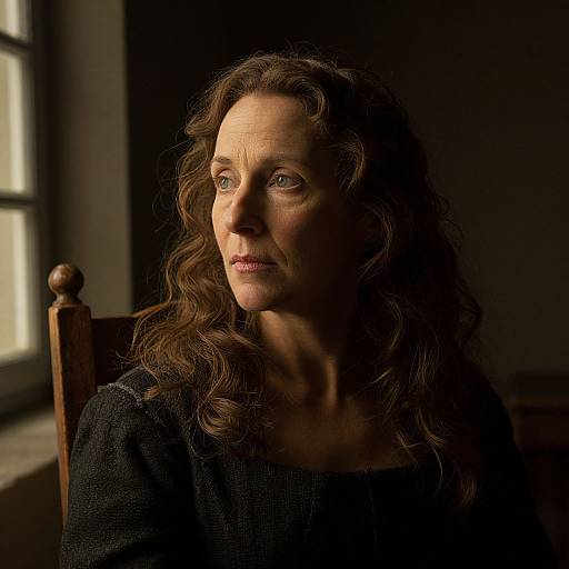 Photograph of a middle-aged woman with wavy brown hair, wearing a black textured top, seated in dimly lit room, light from window casting