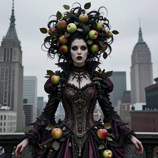 Gothic-style photograph of a pale woman with dark makeup, wearing a detailed black corset dress adorned with apples and leaves, standing in front of