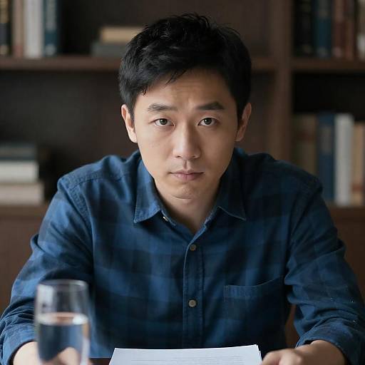 Intense Gaze of an Asian Man in Checkered Shirt