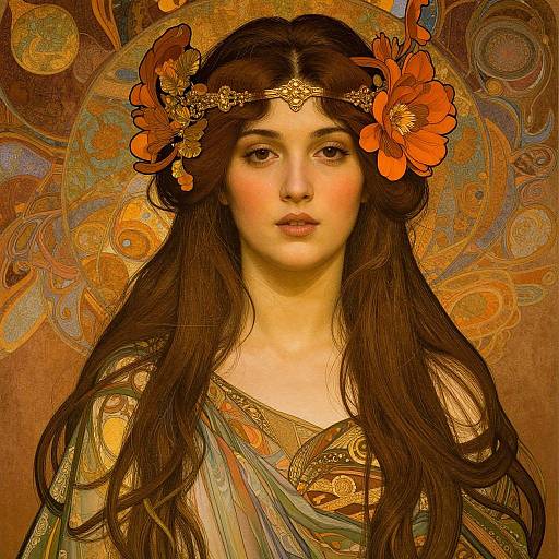 Digital painting of a serene young woman with long brown hair, wearing an ornate floral crown and draped golden-brown garment, set against an intricate,