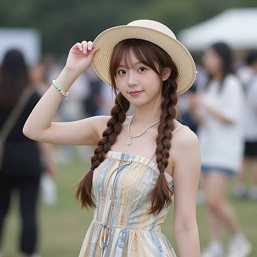 Photograph of an Asian woman with long brown braids, wearing a straw hat, yellow-striped dress, and necklace, smiling outdoors at a social event