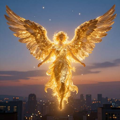 Photograph of a glowing, golden angel with large wings, silhouetted against a twilight city skyline, surrounded by sparkling stars.