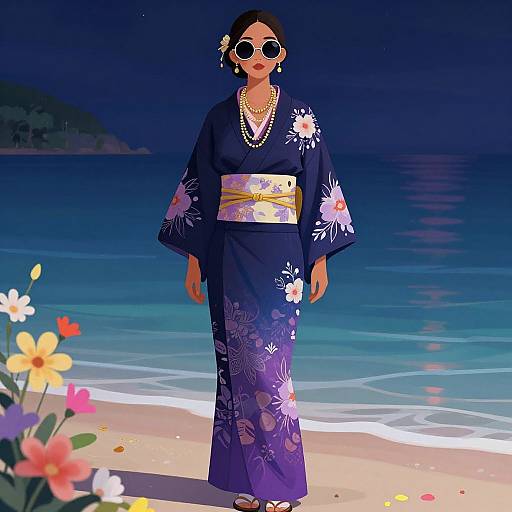 Chic Woman in Vibrant Night Kimono