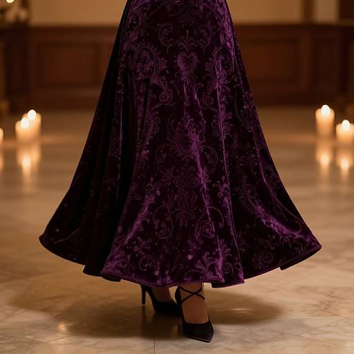 Photograph of a person wearing a dark purple, velvety, floral-patterned skirt and black high-heeled shoes, standing on a marble floor