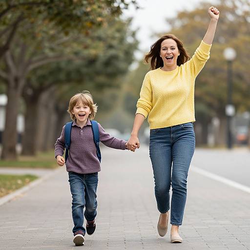 Energetic Woman and Child Walking