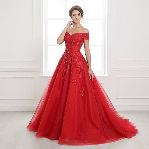 Photograph of a woman in an off-shoulder, red, floral-embellished ball gown, standing against a bright white window background.