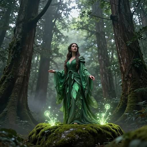 Enchanted forest photograph: Fair-skinned woman with long dark hair in green, leaf-patterned dress stands on mossy rock, surrounded by glowing