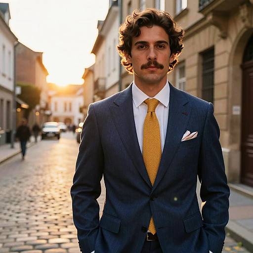 Photograph of a young man with curly brown hair and mustache, wearing a navy suit, white shirt, yellow tie, and pocket square, standing