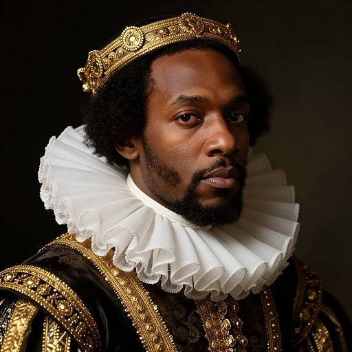 Photograph of a black man with a curly beard, wearing an ornate gold crown, white ruffled collar, and elaborate gold-embroidered