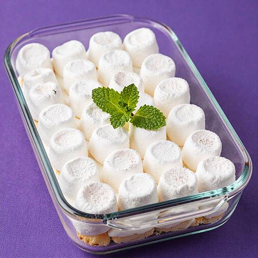 Photograph of a clear glass dish filled with white marshmallows, topped with a fresh green mint sprig, on a purple background.