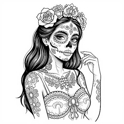 Black and white line drawing of a Day of the Dead-inspired woman with long hair, floral headpiece, detailed face and body tattoos, and a thoughtful