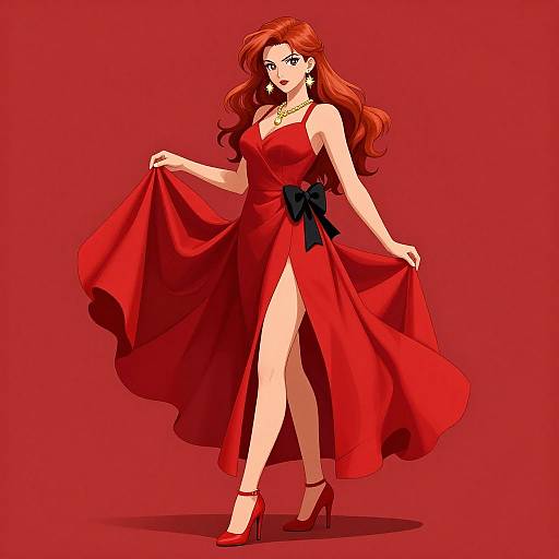 Digital anime-style drawing of a red-haired woman in a flowing red dress with a black bow, red heels, and necklace, against a solid red background