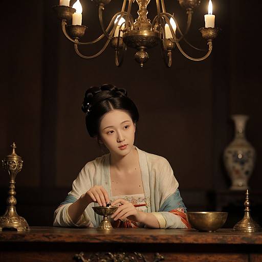 Photograph of a serene Asian woman with black hair in an elegant, traditional blue and white robe, lighting incense under a candle chandelier in a
