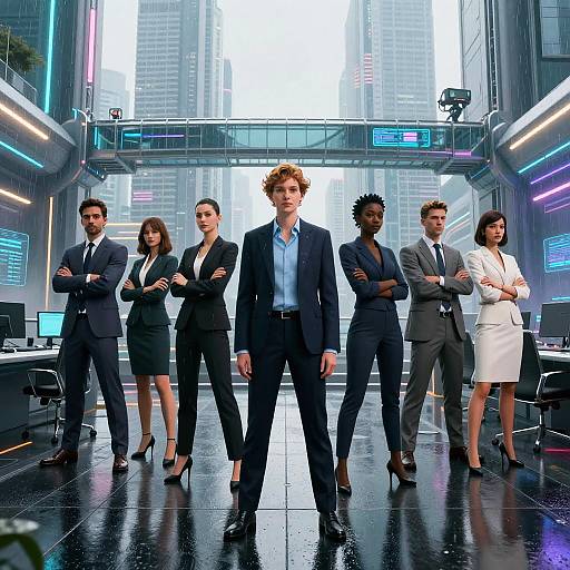 Cinematic Cyberpunk Boardroom — Non-binary Executives