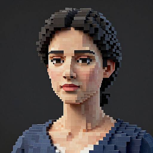 Pixel art portrait of a serious-looking woman with short black hair, fair skin, and red lips, wearing a blue shirt. Dark background.