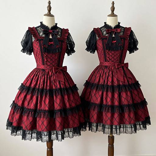 Photograph of two vintage-style mannequins displaying red plaid dresses with black lace trim, puffed sleeves, and ribbon bows.