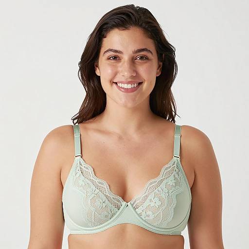 Smiling Woman in Light Green Lace Bra