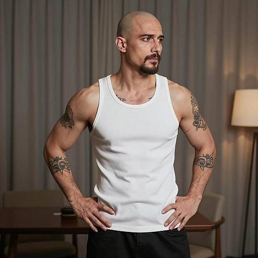 Muscular Bald Man in Dimly Lit Room