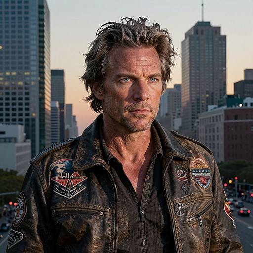 Photograph of a rugged, middle-aged man with messy gray hair, wearing a black button-up shirt and dark leather jacket adorned with patches, standing in