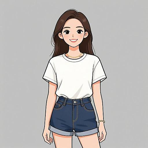 Digital anime-style drawing of a smiling young woman with long brown hair, wearing a white T-shirt and high-waisted blue denim shorts, standing against