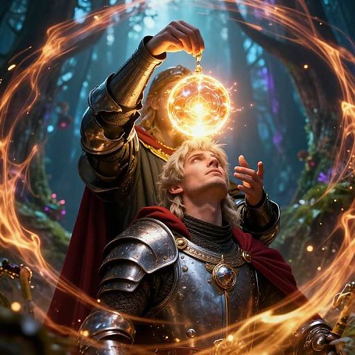 Photograph of a blonde, armored knight with raised hand, conjuring a glowing, fiery orb in a mystical forest. Red cape, steel armor,