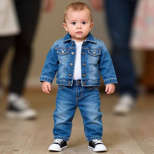 Photograph of a cute, light-skinned baby with short brown hair, wearing a blue denim jacket, white shirt, blue jeans, and black-and