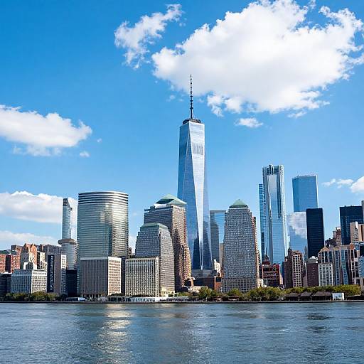 Photograph of New York City skyline with One World Trade Center towering above other skyscrapers under a bright blue sky with white clouds, reflected in calm