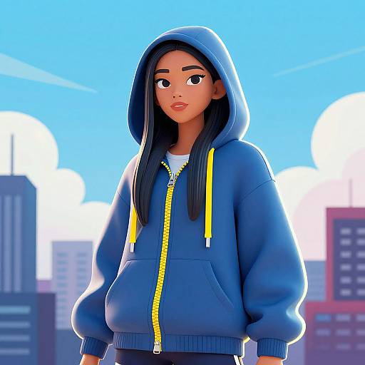Digital illustration of a young Asian woman with long black hair, wearing a blue hoodie with yellow drawstrings, standing against a bright blue sky with city buildings