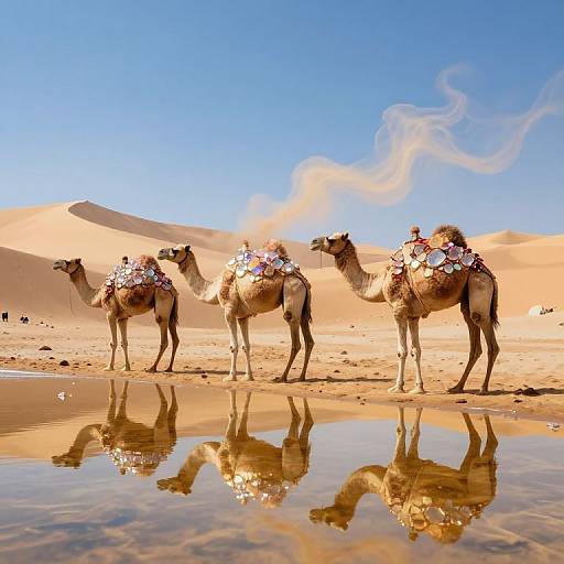 Photograph of three camels with colorful saddle blankets standing in a reflective desert oasis, surrounded by golden sand dunes under a clear blue sky.