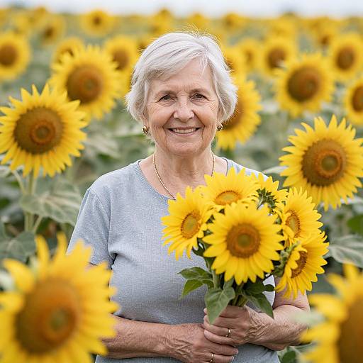 Photograph of an elderly woman with short white hair, smiling, holding sunflowers in a vibrant sunflower field, wearing a light blue shirt.
