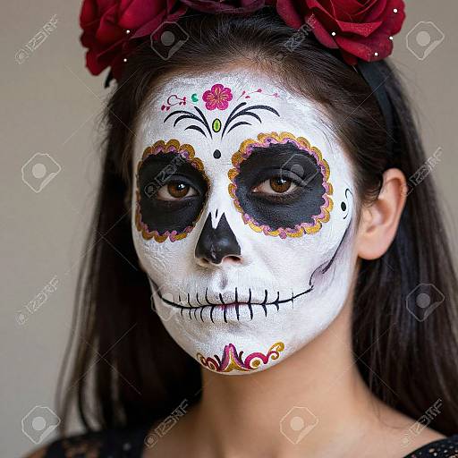 Photograph of a woman with white face paint, black eye sockets, and floral designs, wearing a red flower crown, with brown eyes.